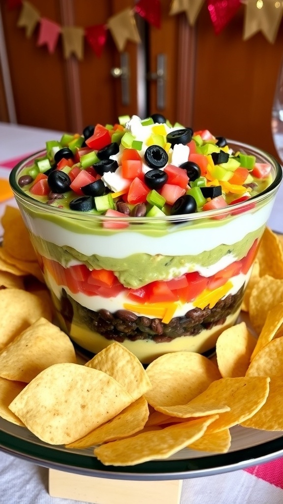 7 Layer Mexican Dip with Taco Seasoning A colorful 7 layer Mexican dip with beans, guacamole, sour cream, salsa, cheese, olives, and green onions, served with tortilla chips.